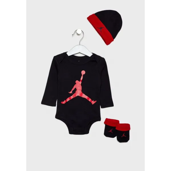 Pack Jordan de 3 piezas ,bodi, gorro y botines para bebe en negro