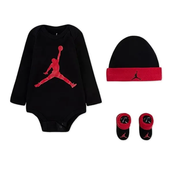 Pack Jordan de 3 piezas ,bodi, gorro y botines para bebe en negro, vista frontal